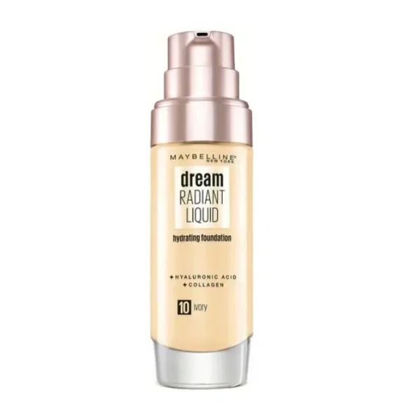 Maybelline Dream Radiant Liquid Tono 10 Ivory Base De Maquillaje Hidratante Con Ácido Hialurónico y Cólageno. Para Pieles Oscuras - 30ml